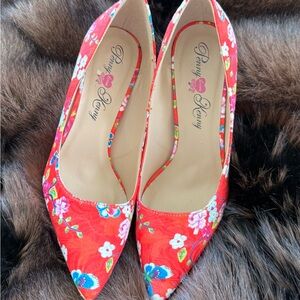 💖 Penny Loves Kenny Red Floral Pointed  Pumps with Multicolor Blooms